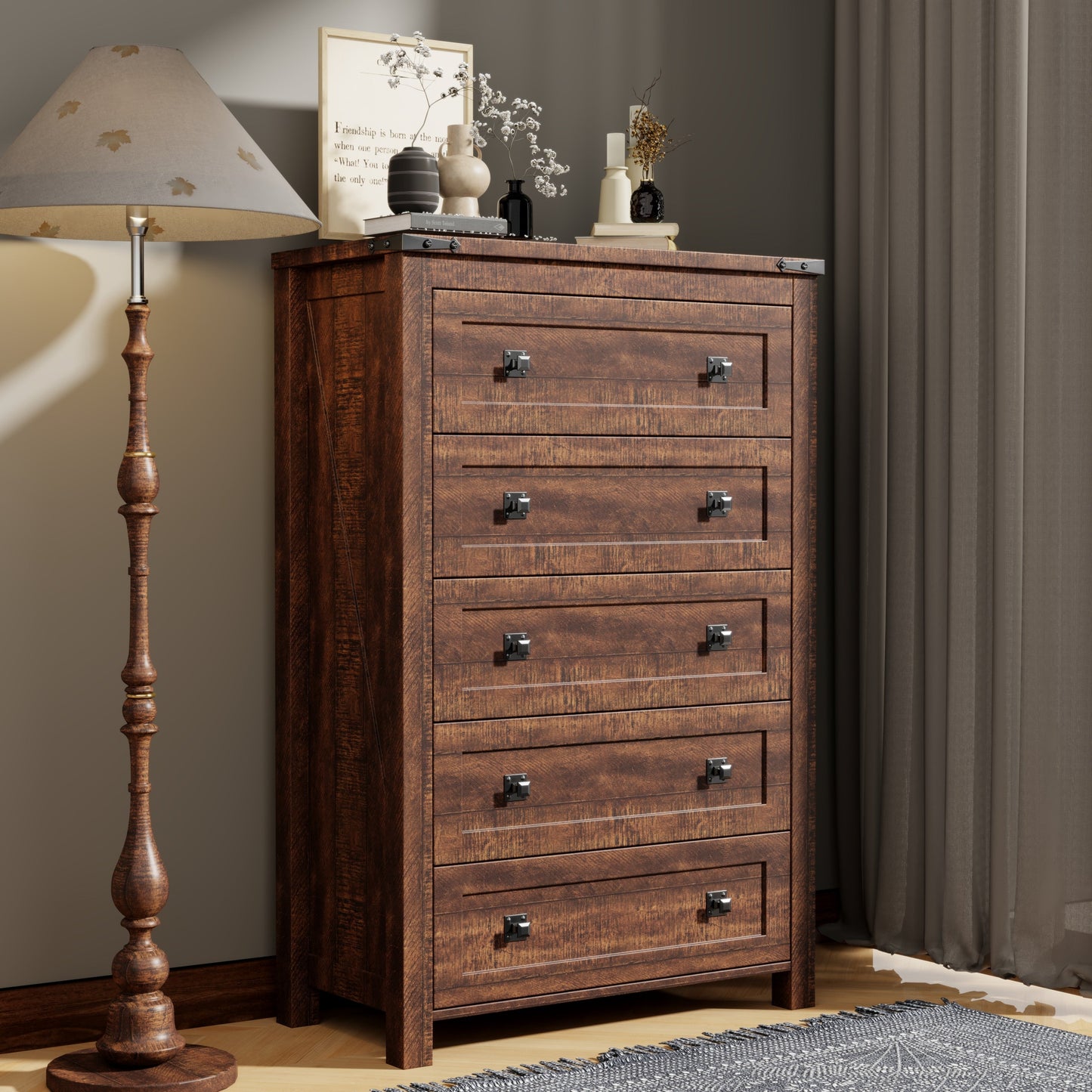 Commode haute en bois à 5 tiroirs de style ferme, idéale pour la chambre à coucher