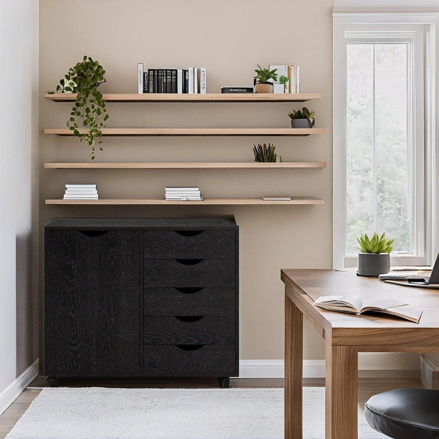 Commode de rangement en bois à 5 tiroirs avec roulettes - Meuble de rangement pour loisirs créatifs et maquillage pour dressing et chambre