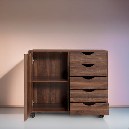 Commode de rangement en bois à 5 tiroirs avec roulettes - Meuble de rangement pour loisirs créatifs et maquillage pour dressing et chambre