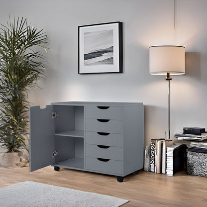 Commode de rangement en bois à 5 tiroirs avec roulettes - Meuble de rangement pour loisirs créatifs et maquillage pour dressing et chambre