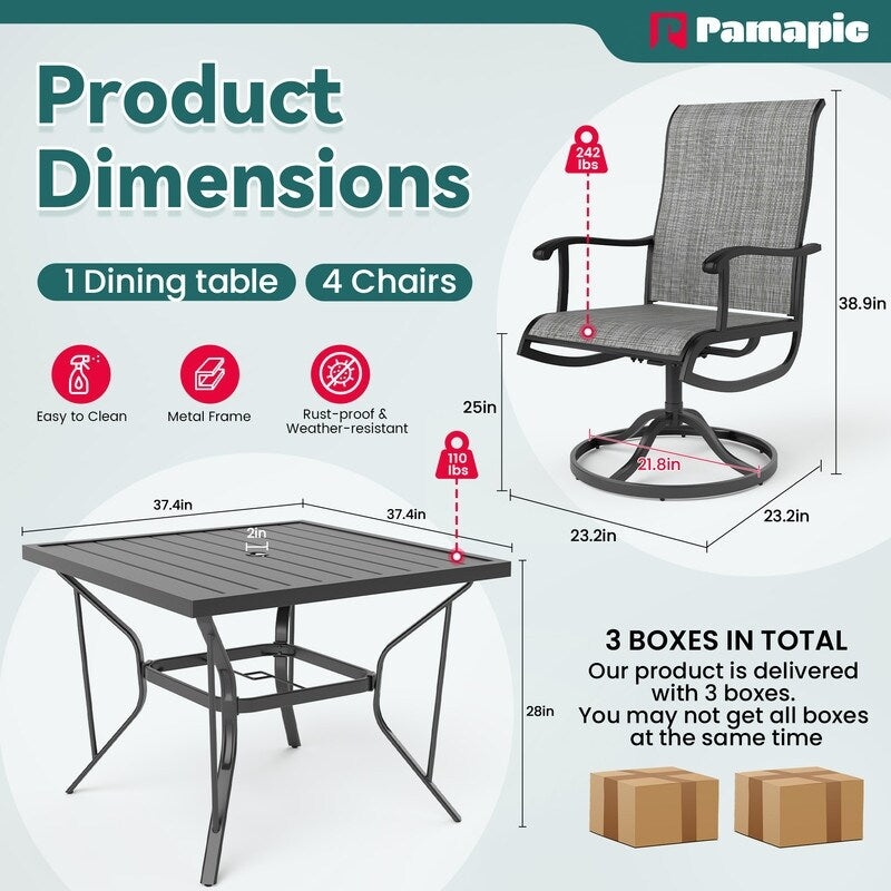 Ensemble de salle à manger d'extérieur en métal 5 pièces avec table carrée et chaises pivotantes en textilène