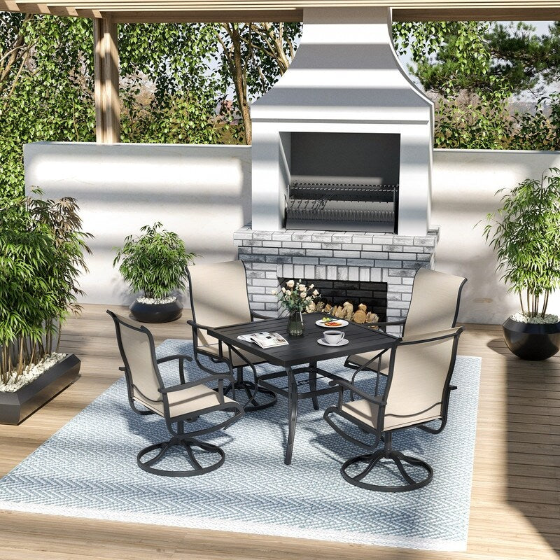 Ensemble de salle à manger d'extérieur en métal 5 pièces avec table carrée et chaises pivotantes en textilène
