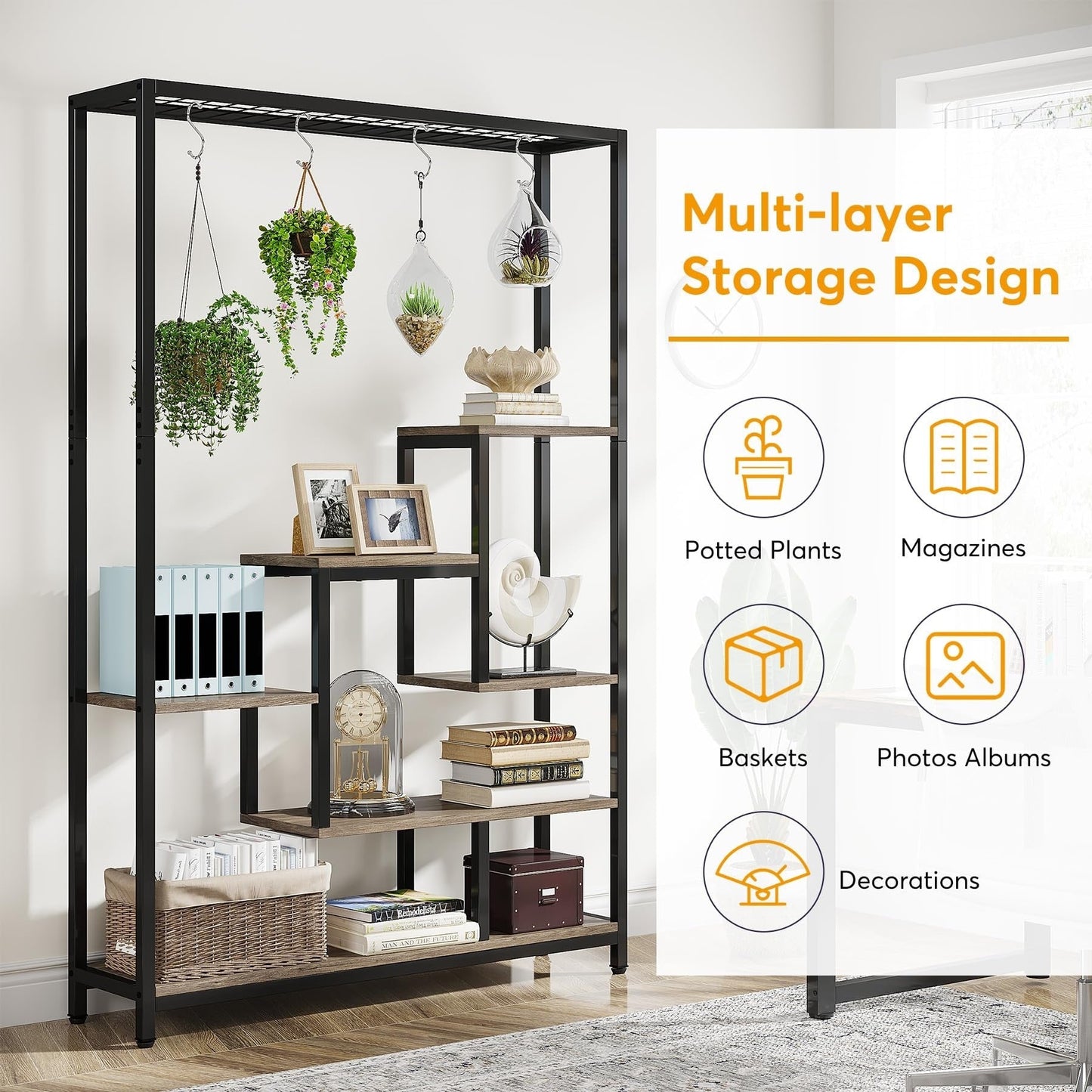 Étagère à plantes d'intérieur à 5 niveaux, hauteur 70,9 pouces, avec 10 crochets de suspension