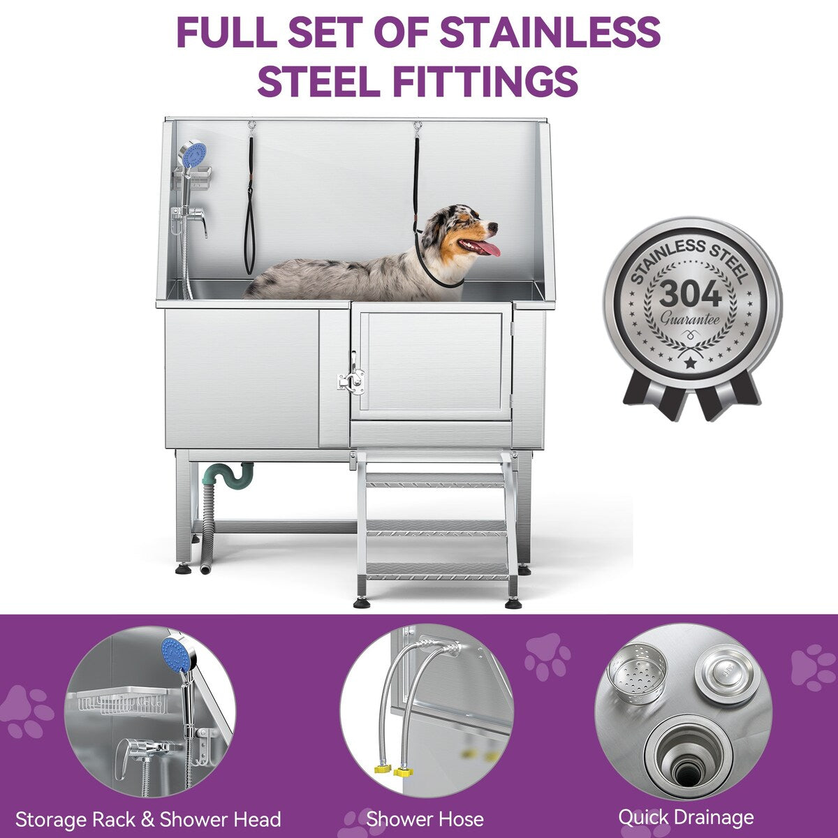 Baignoire de toilettage réglable en acier inoxydable de 50 po de largeur avec rampe et marches