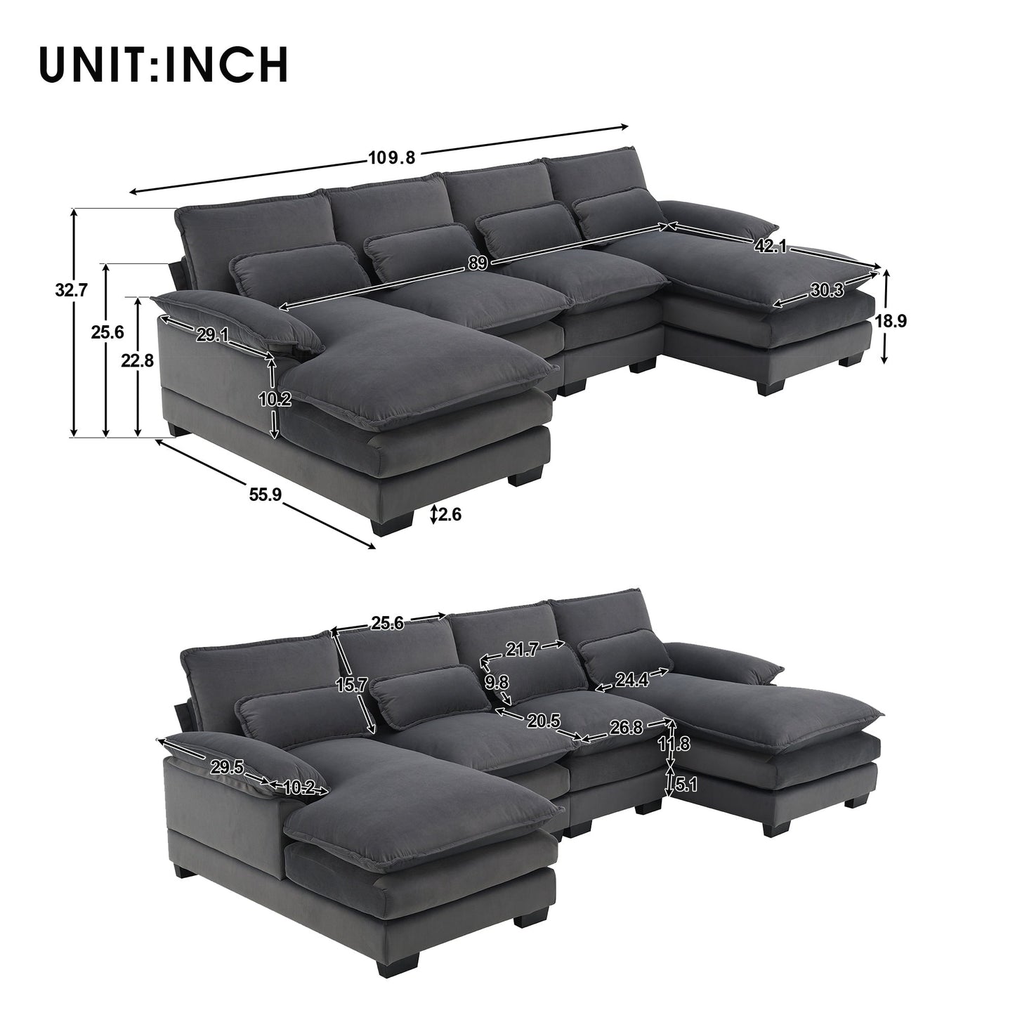 [VIDÉO fournie][Nouveau]Canapé sectionnel moderne en forme de U 109,8*55,9 avec oreillers de taille, canapé symétrique rembourré 6 places
