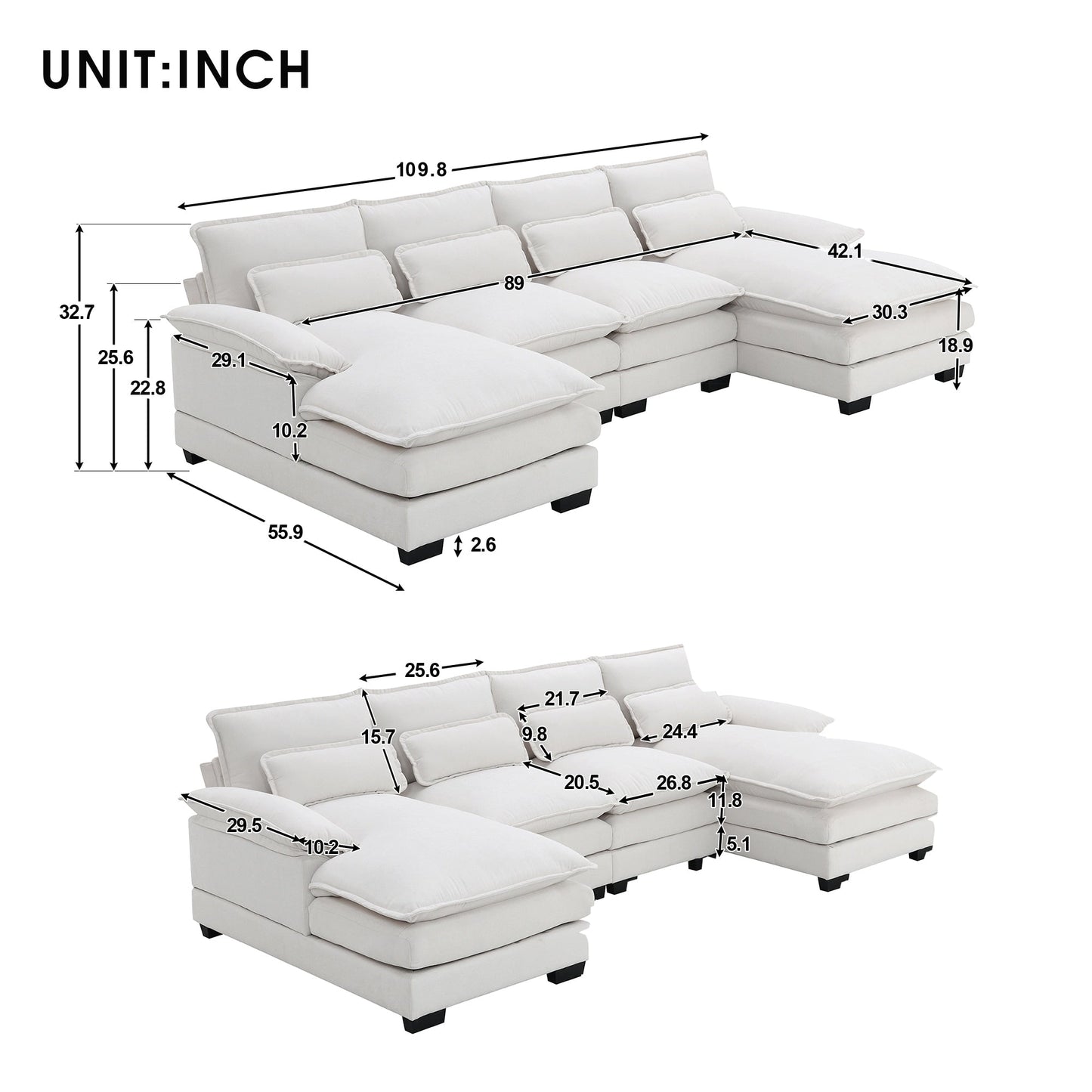 [VIDÉO fournie][Nouveau]Canapé sectionnel moderne en forme de U 109,8*55,9 avec oreillers de taille, canapé symétrique rembourré 6 places