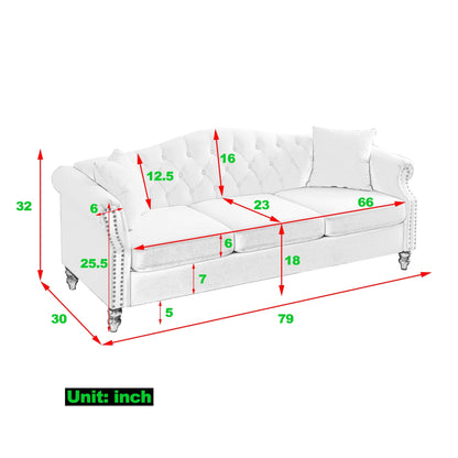 [Vidéo] Canapé Chesterfield 79 en velours noir pour salon, canapé 3 places capitonné avec accoudoirs roulés et tête de clou pour salon