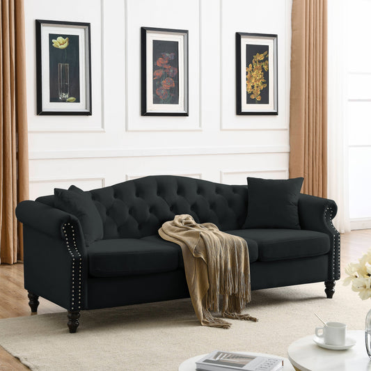 [Vidéo] Canapé Chesterfield 79 en velours noir pour salon, canapé 3 places capitonné avec accoudoirs roulés et tête de clou pour salon