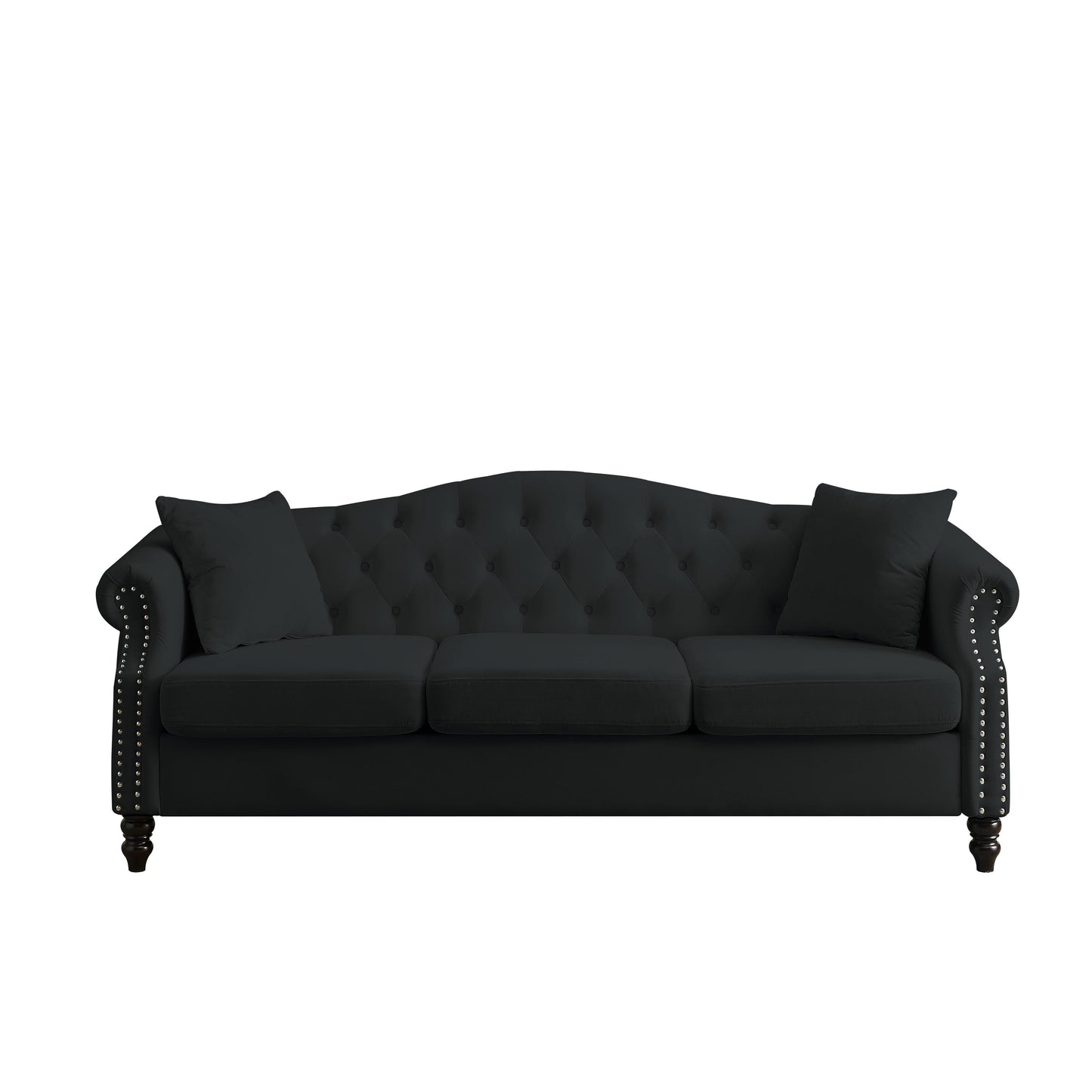 [Vidéo] Canapé Chesterfield 79 en velours noir pour salon, canapé 3 places capitonné avec accoudoirs roulés et tête de clou pour salon