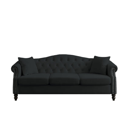 [Vidéo] Canapé Chesterfield 79 en velours noir pour salon, canapé 3 places capitonné avec accoudoirs roulés et tête de clou pour salon