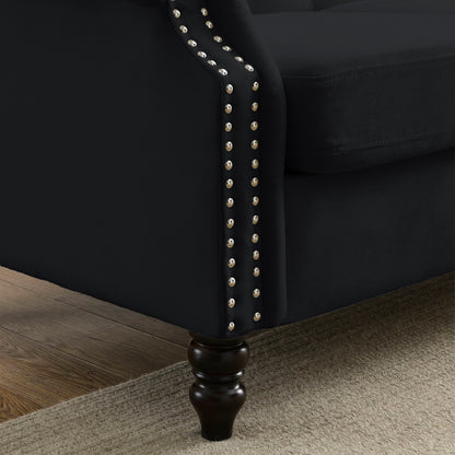 [Vidéo] Canapé Chesterfield 79 en velours noir pour salon, canapé 3 places capitonné avec accoudoirs roulés et tête de clou pour salon