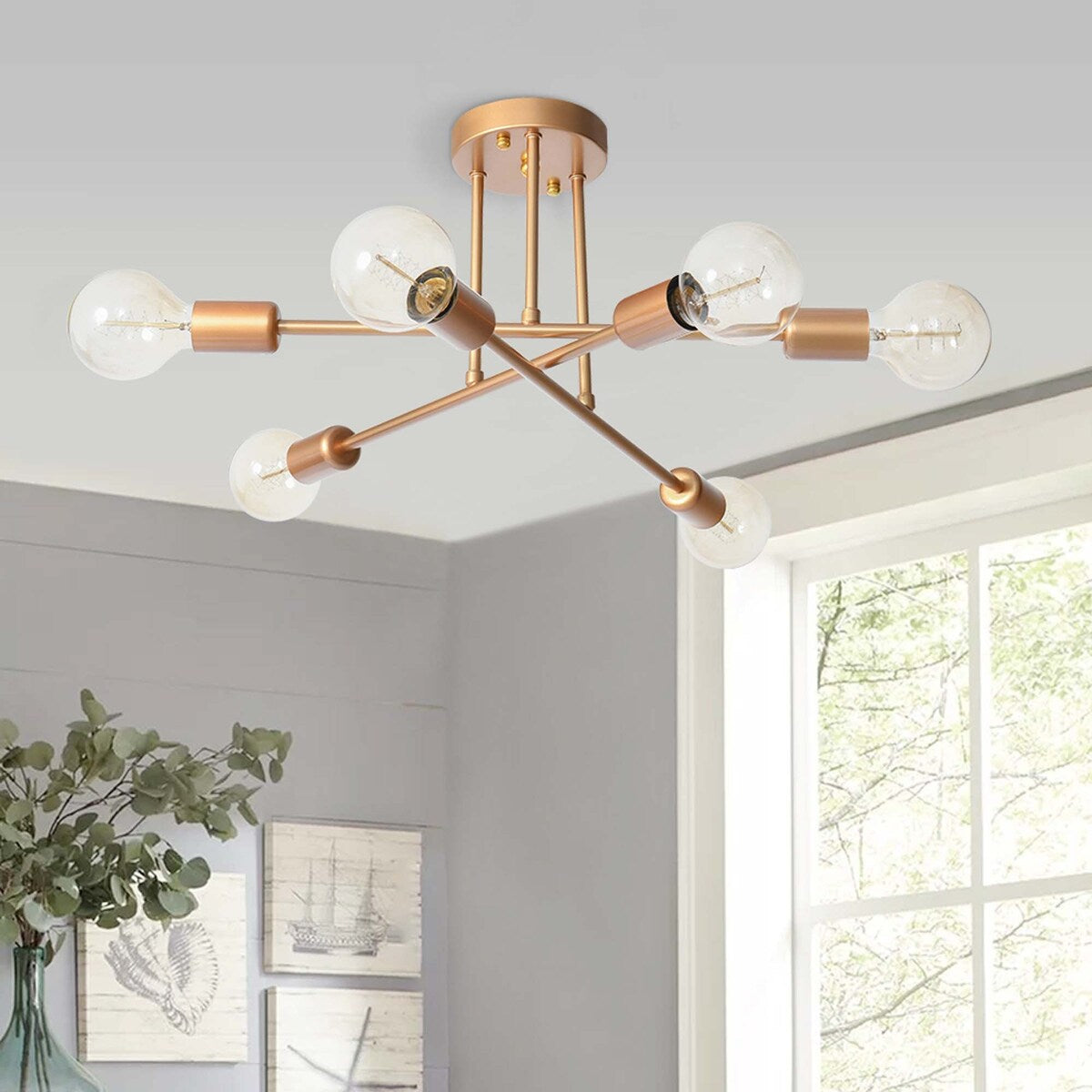 Plafonnier semi-encastré moderne en métal Sputnik de 6 lumières, 23,62 po