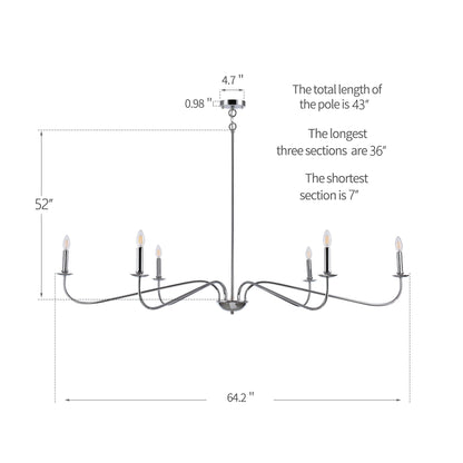 Lustre minimaliste à 6 lumières de 64 pouces, noir mat, or et chrome - N/A