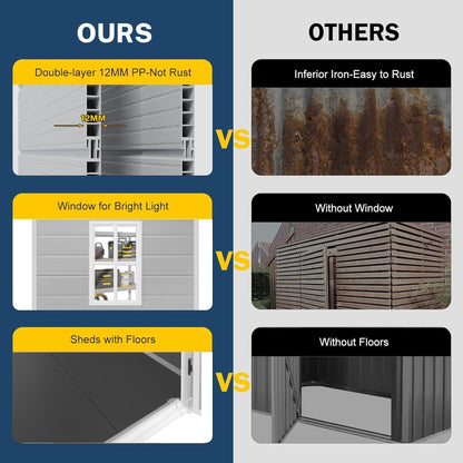 Abri de rangement extérieur en plastique et résine toutes saisons de 6 pi x 4 pi/6 pi x 8 pi/8 pi x 6 pi/8 pi x 10 pi avec plancher, abri à outils Spire