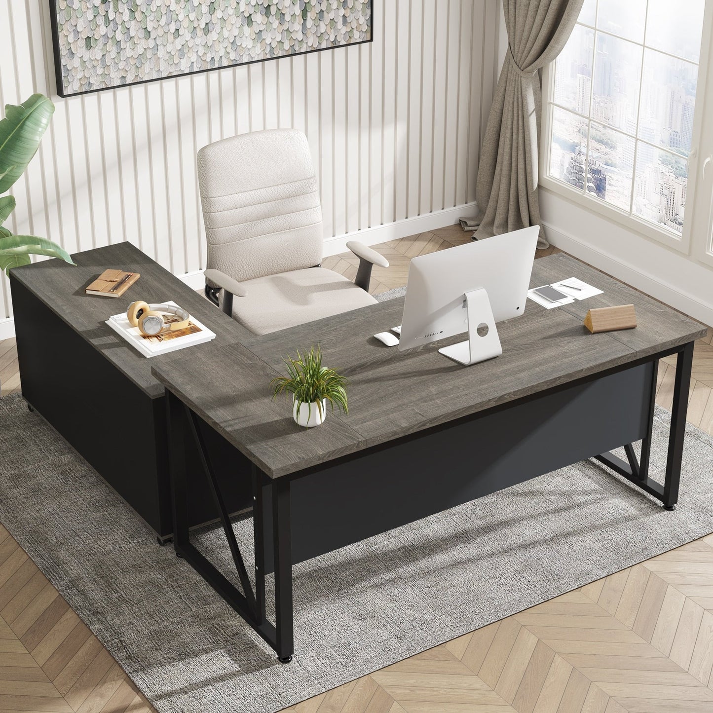 Bureau d'ordinateur en L de 63 pouces avec classeur latéral de 47 pouces, ensemble de bureau de direction pour la maison