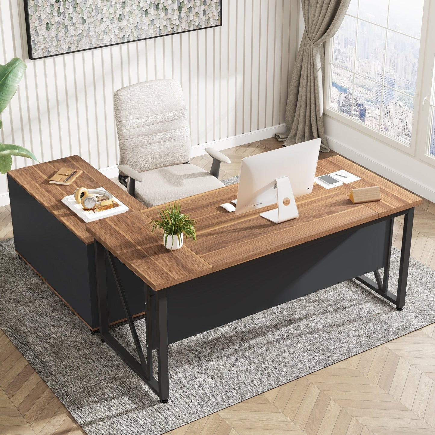 Bureau d'ordinateur en L de 63 pouces avec classeur latéral de 47 pouces, ensemble de bureau de direction pour la maison