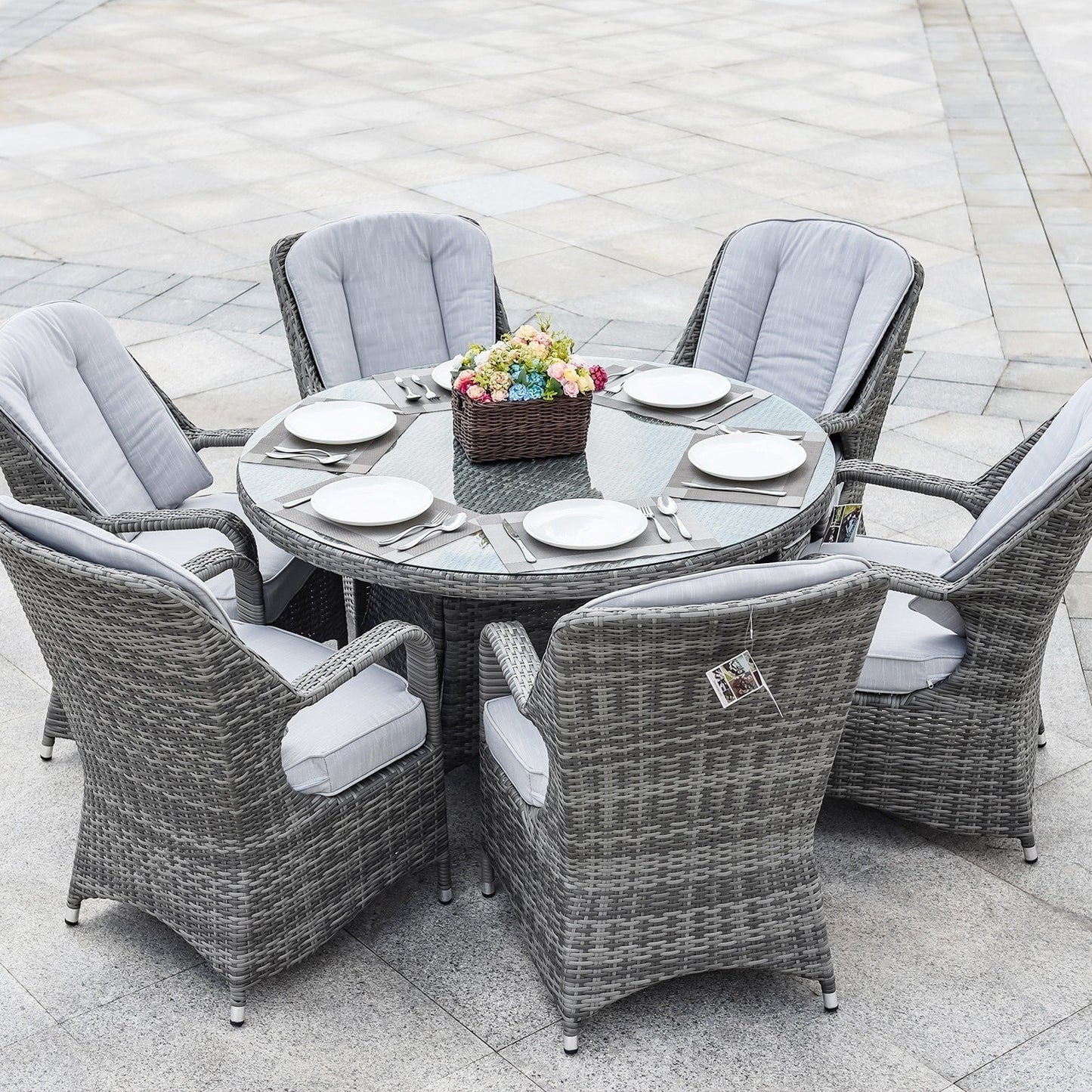 Ensemble de salle à manger rond en rotin et osier pour patio, 7 pièces, avec coussins, par Moda Furnishings
