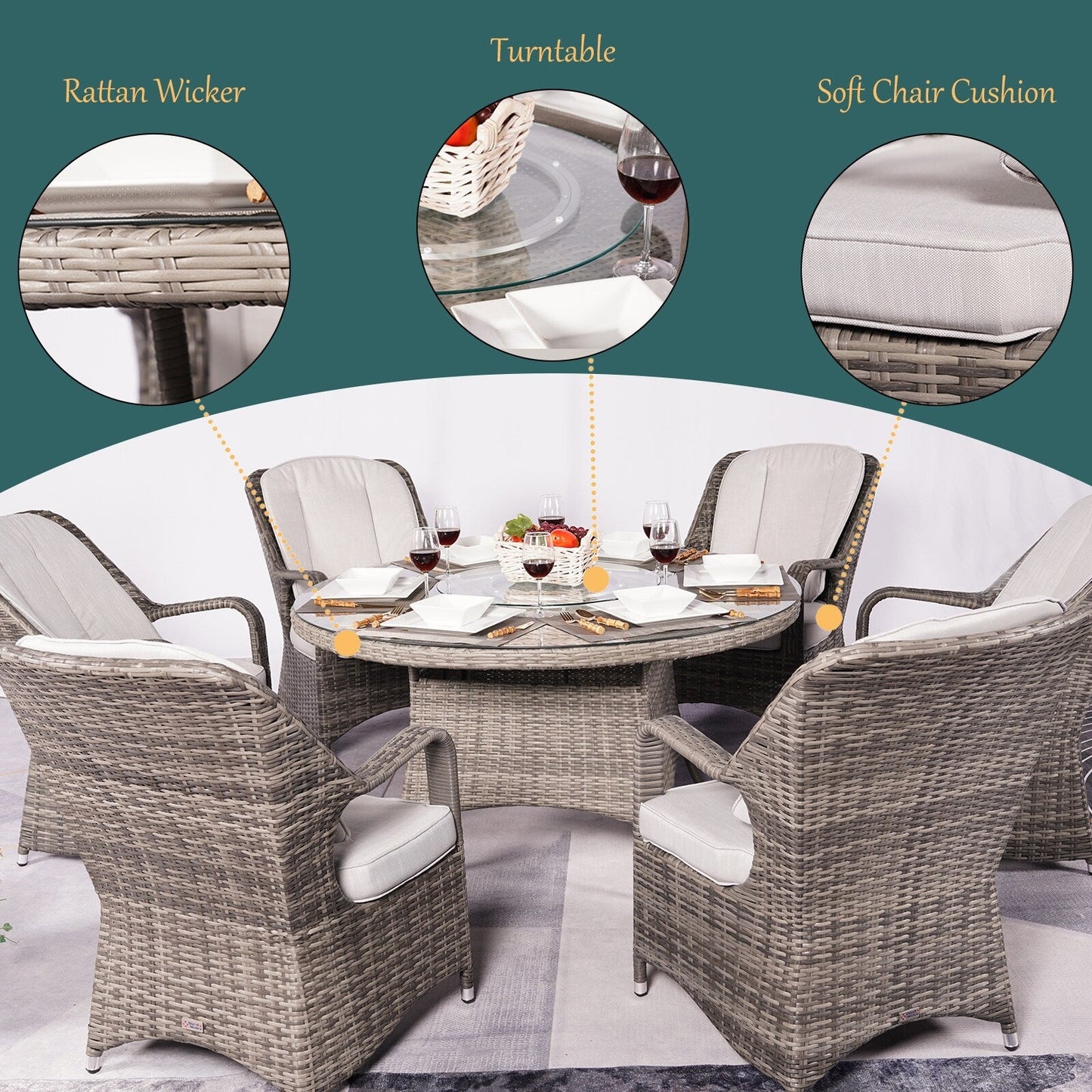 Ensemble de salle à manger rond en rotin et osier pour patio, 7 pièces, avec coussins, par Moda Furnishings