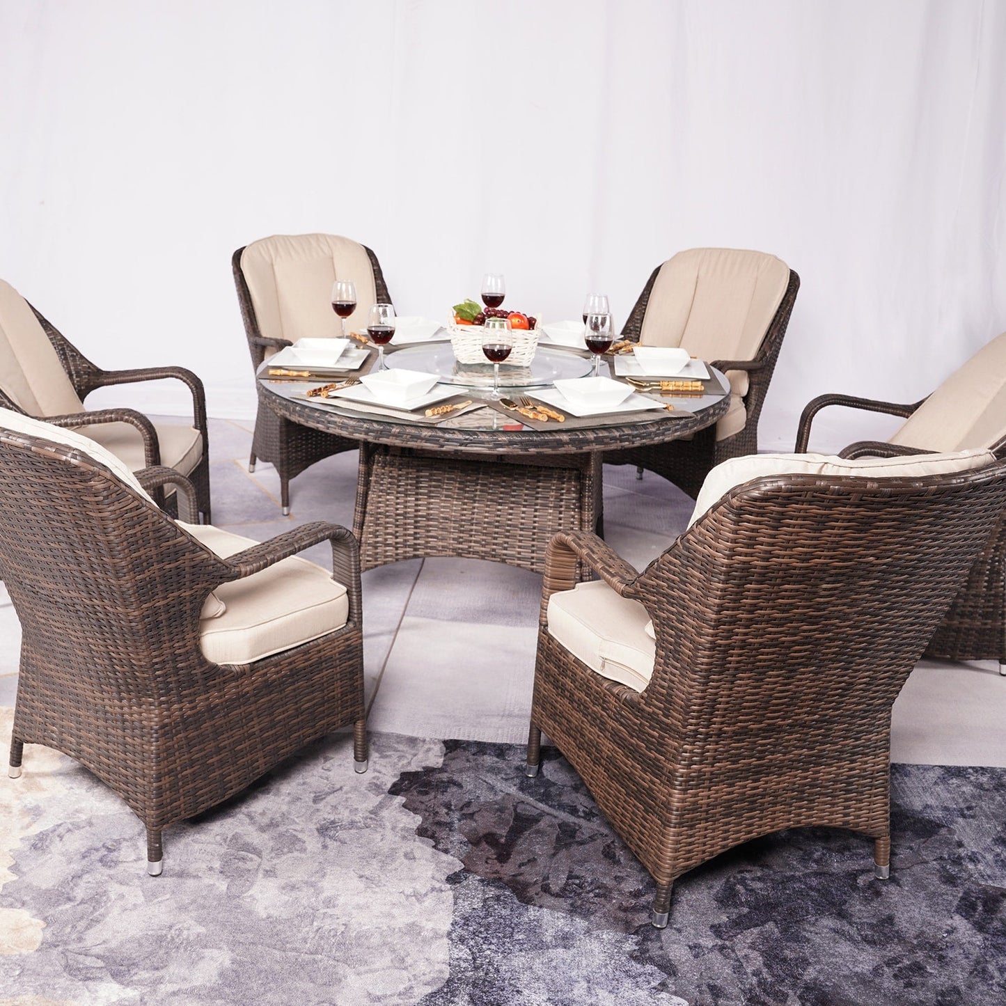 Ensemble de salle à manger rond en rotin et osier pour patio, 7 pièces, avec coussins, par Moda Furnishings