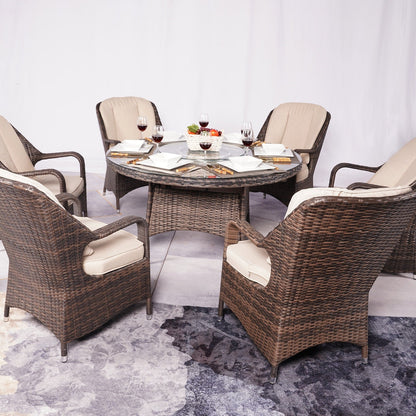 Ensemble de salle à manger rond en rotin et osier pour patio, 7 pièces, avec coussins, par Moda Furnishings