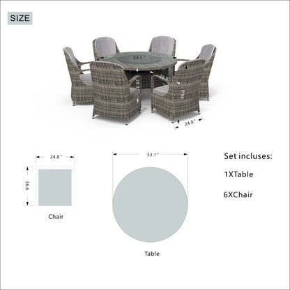 Ensemble de salle à manger rond en rotin et osier pour patio, 7 pièces, avec coussins, par Moda Furnishings