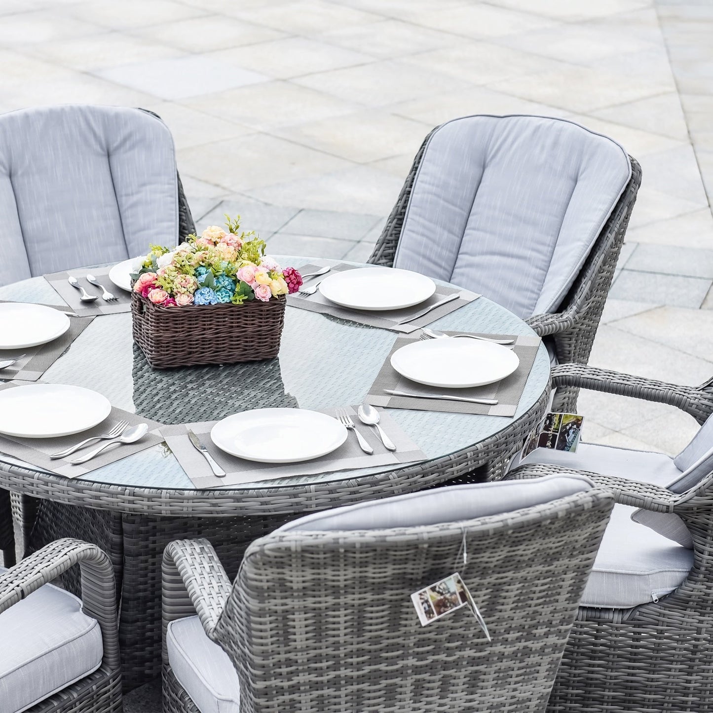 Ensemble de salle à manger rond en rotin et osier pour patio, 7 pièces, avec coussins, par Moda Furnishings