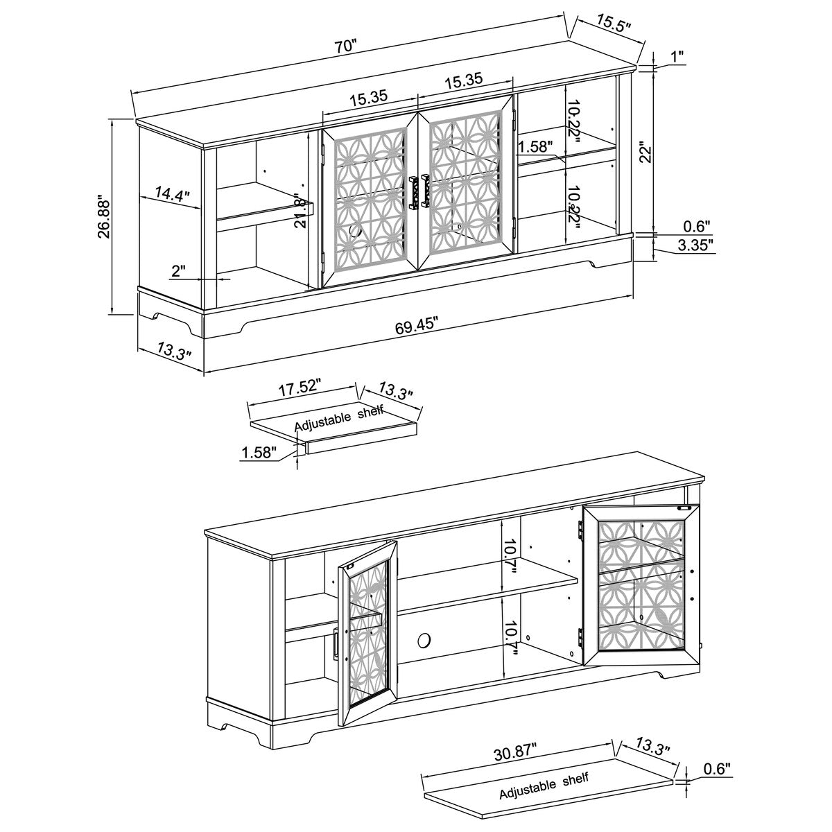 Meuble TV décoratif rustique à motif floral de 70 po pouvant accueillir jusqu'à 80 téléviseurs