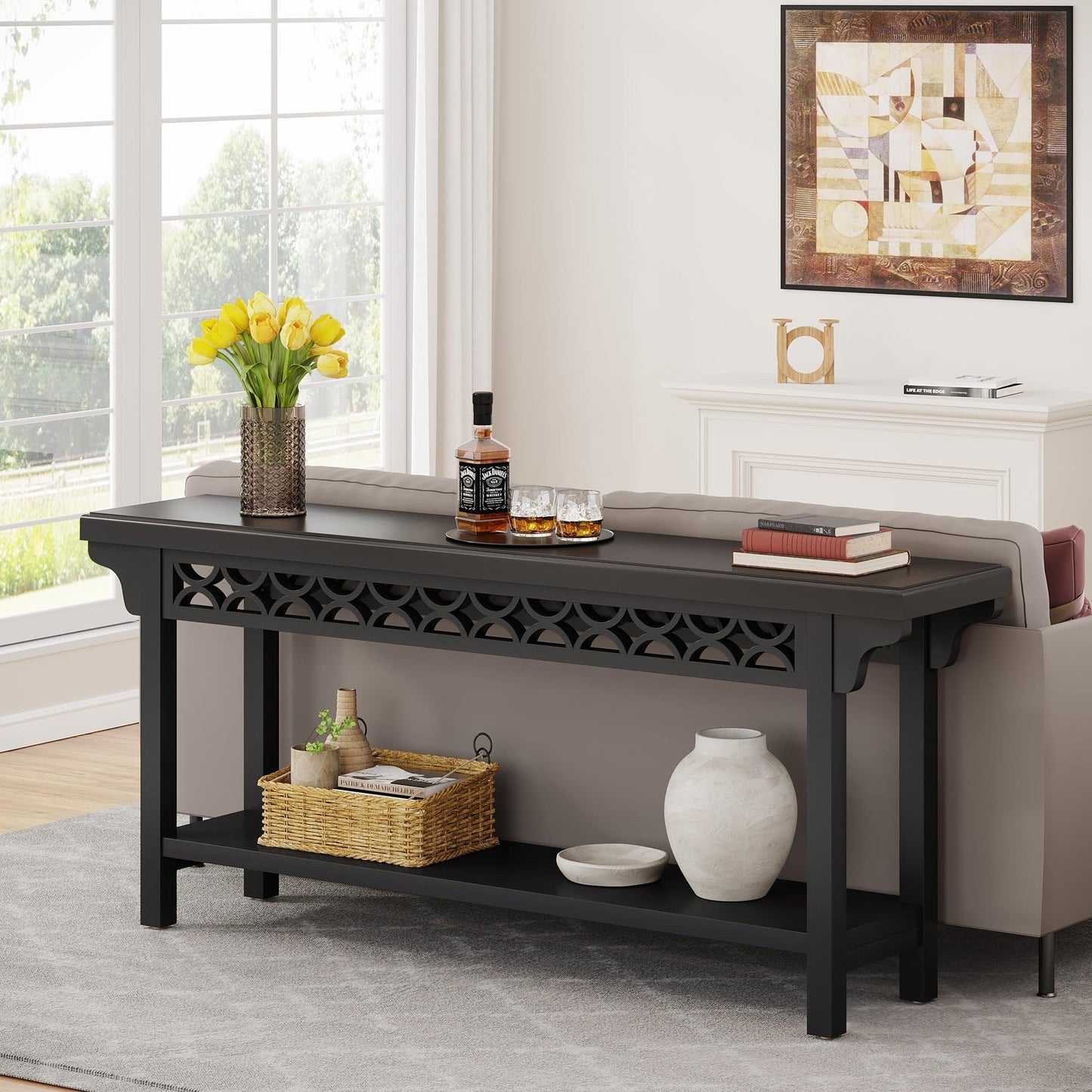 Table console longue en bois massif de style ferme de 70,8 pouces