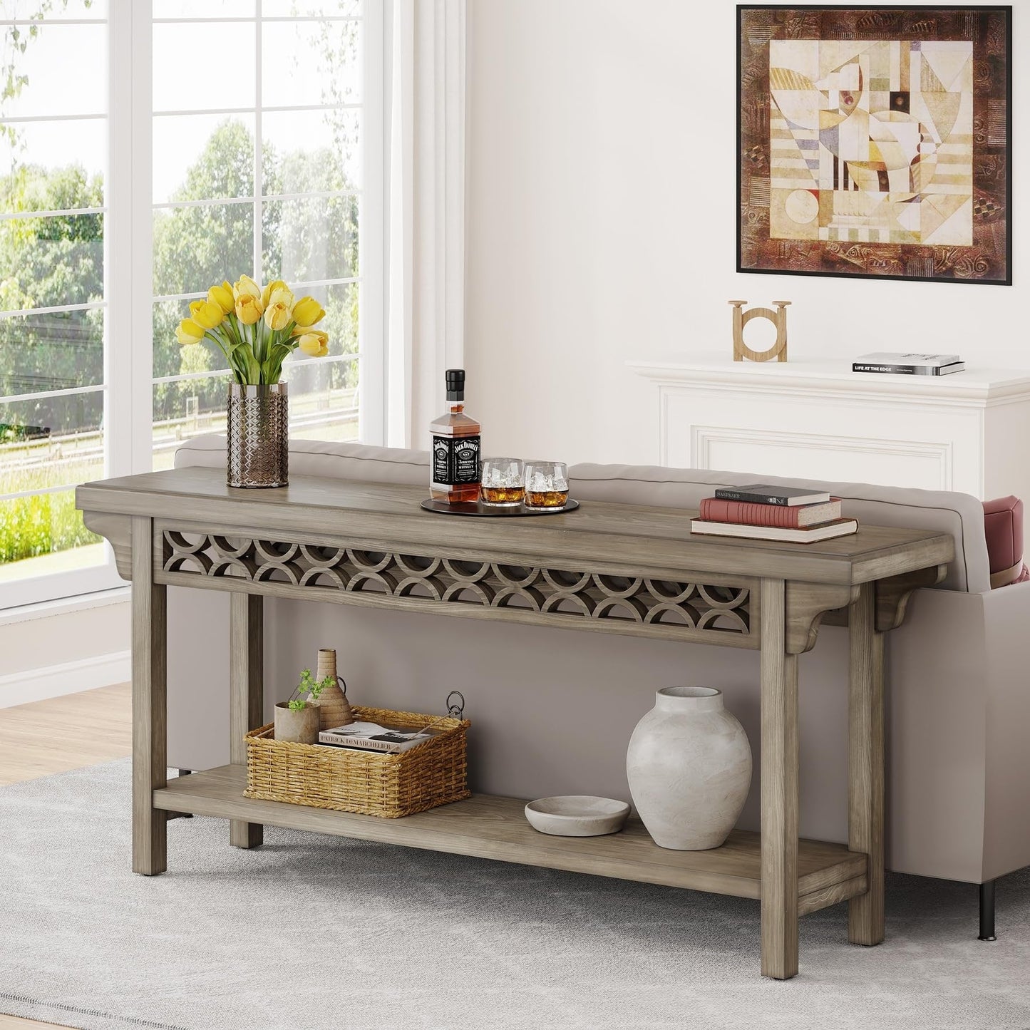 Table console longue en bois massif de style ferme de 70,8 pouces