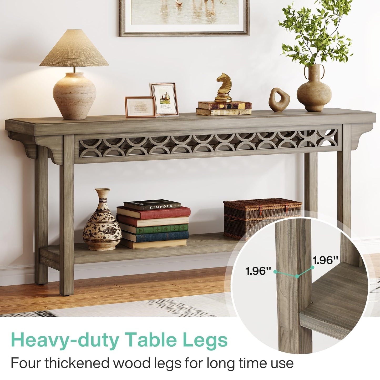 Table console longue en bois massif de style ferme de 70,8 pouces