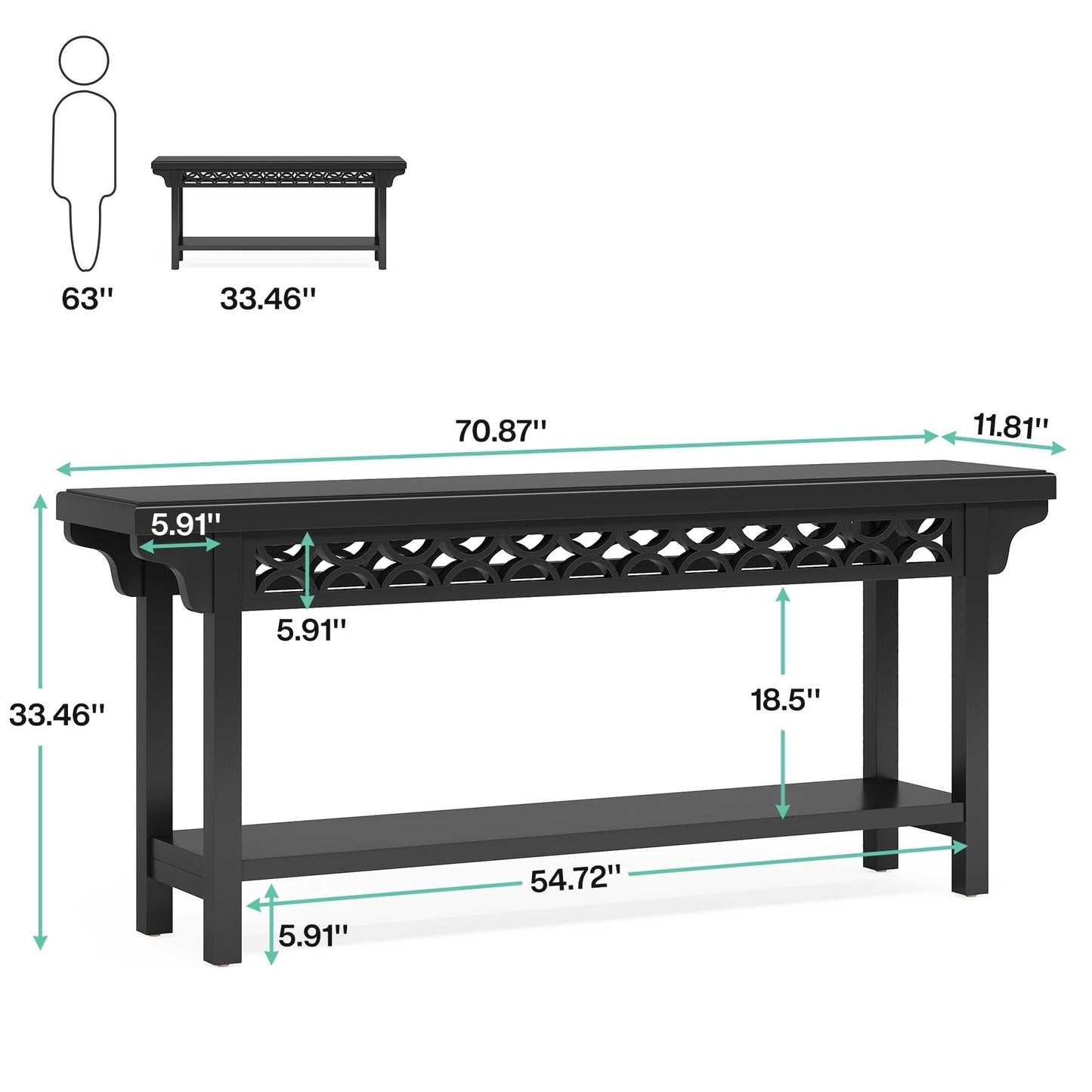 Table console longue en bois massif de style ferme de 70,8 pouces