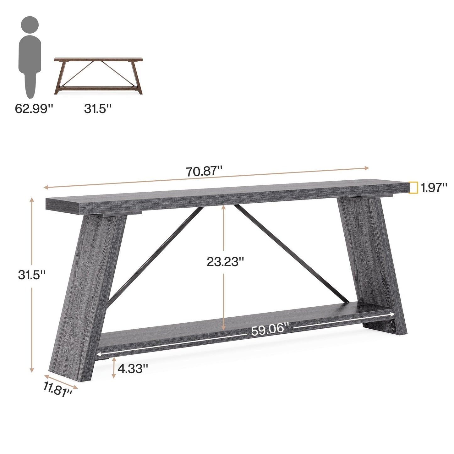 Table console en bois rustique de 70,9 pouces de long avec étagère de rangement