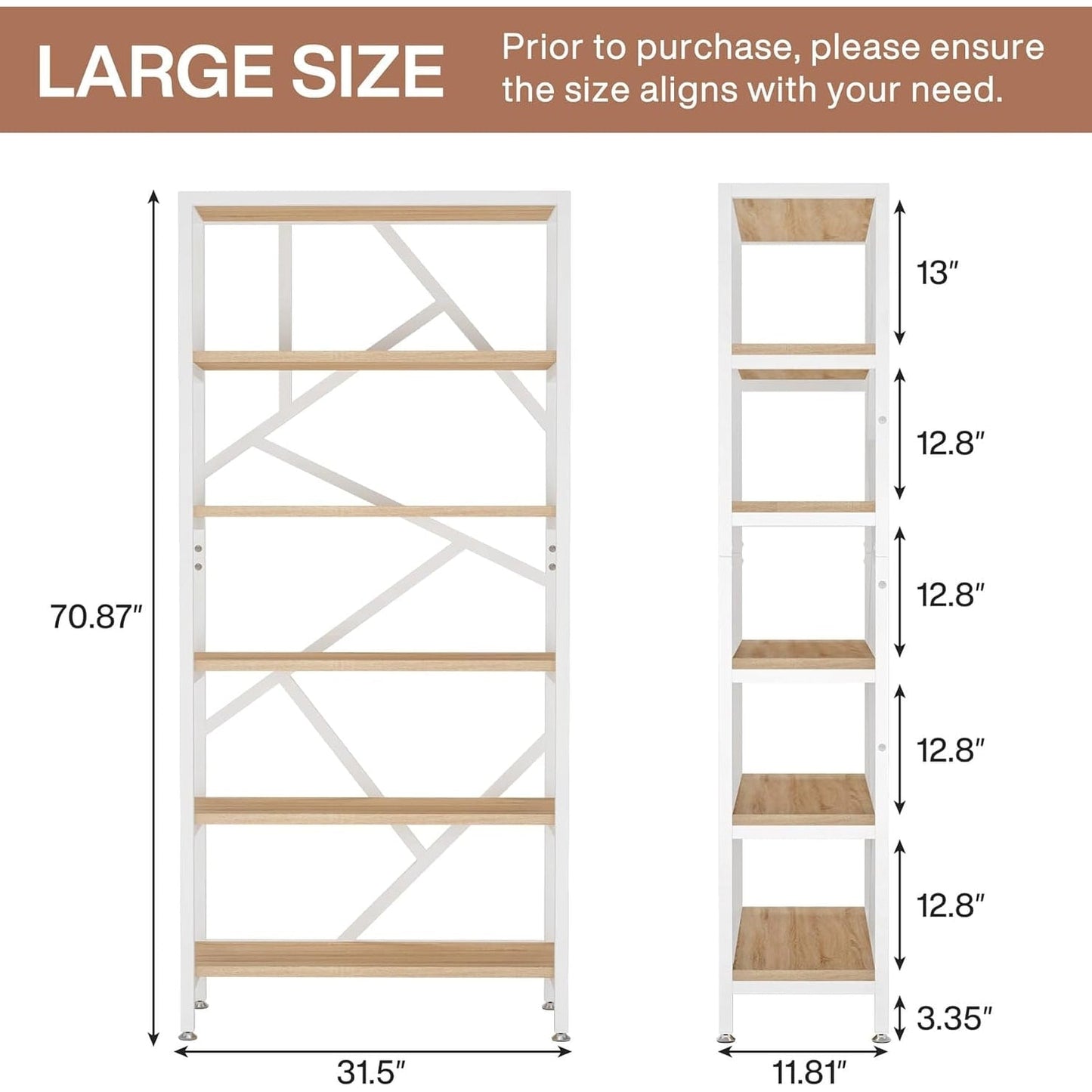 Bibliothèque industrielle à 6 niveaux, étagère en bois brun rustique, étagères ouvertes
