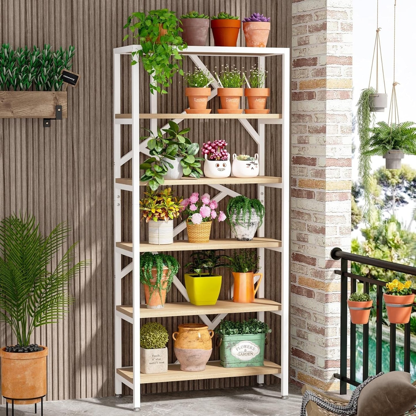 Bibliothèque industrielle à 6 niveaux, étagère en bois brun rustique, étagères ouvertes