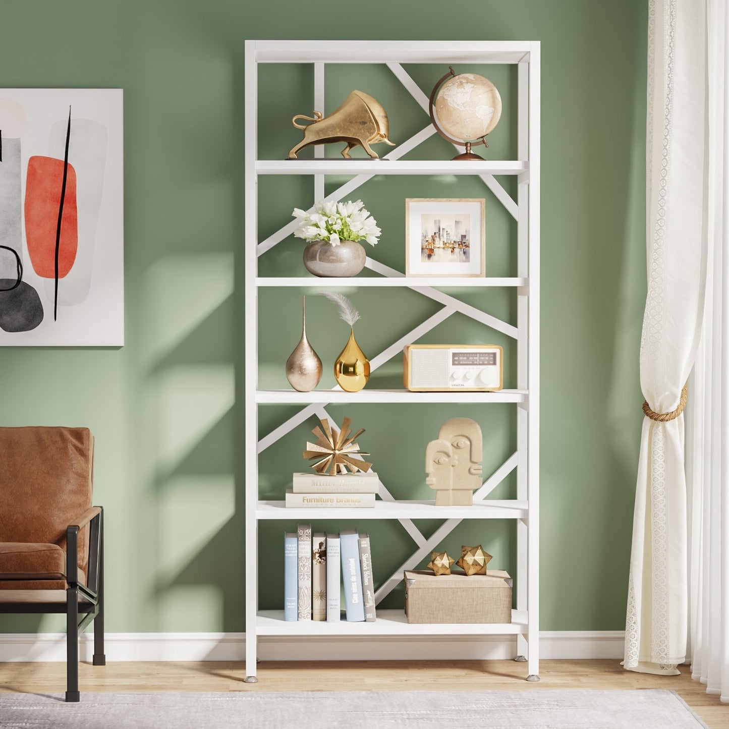 Bibliothèque industrielle à 6 niveaux, étagère en bois brun rustique, étagères ouvertes