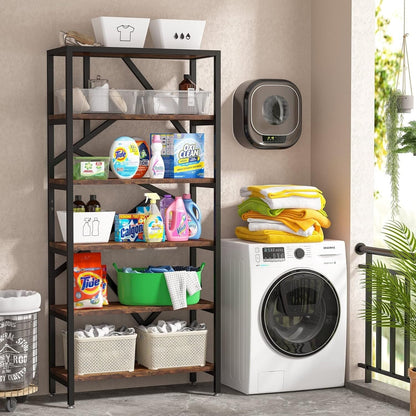 Bibliothèque industrielle à 6 niveaux, étagère en bois brun rustique, étagères ouvertes