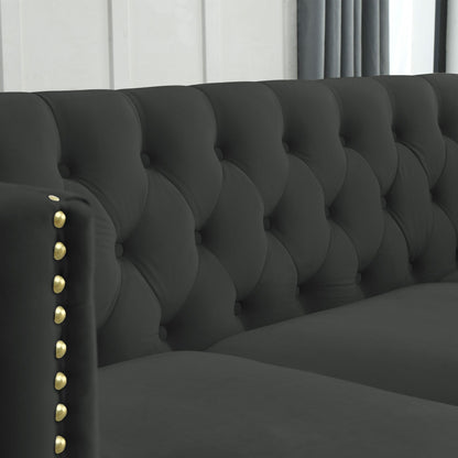 {Contactez-nous pour la modélisation 3D} Canapé en velours pour salon, canapé à accoudoirs carrés capitonnés à boutons, canapé moderne rembourré à boutons et moi
