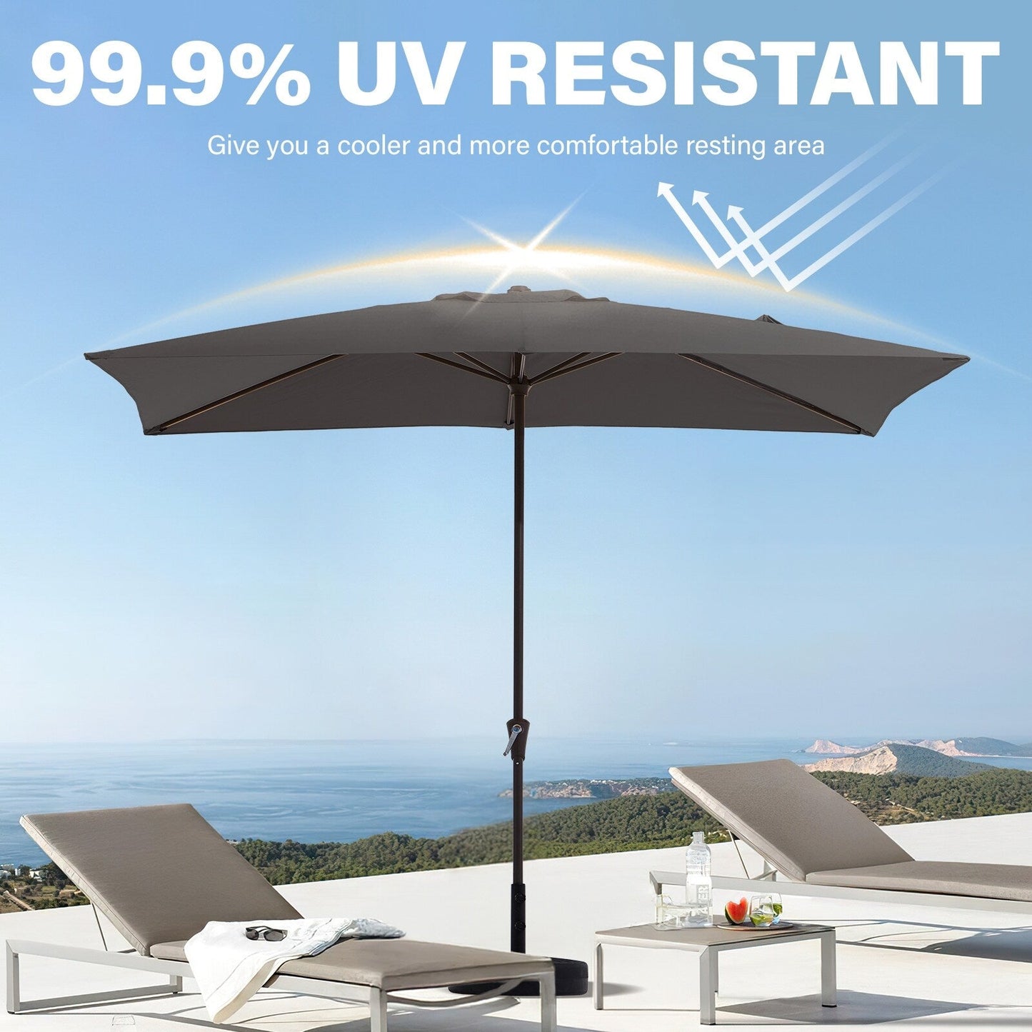 Parasol rectangulaire de terrasse 2,4 x 3 m avec manivelle et inclinaison, résistant aux UV