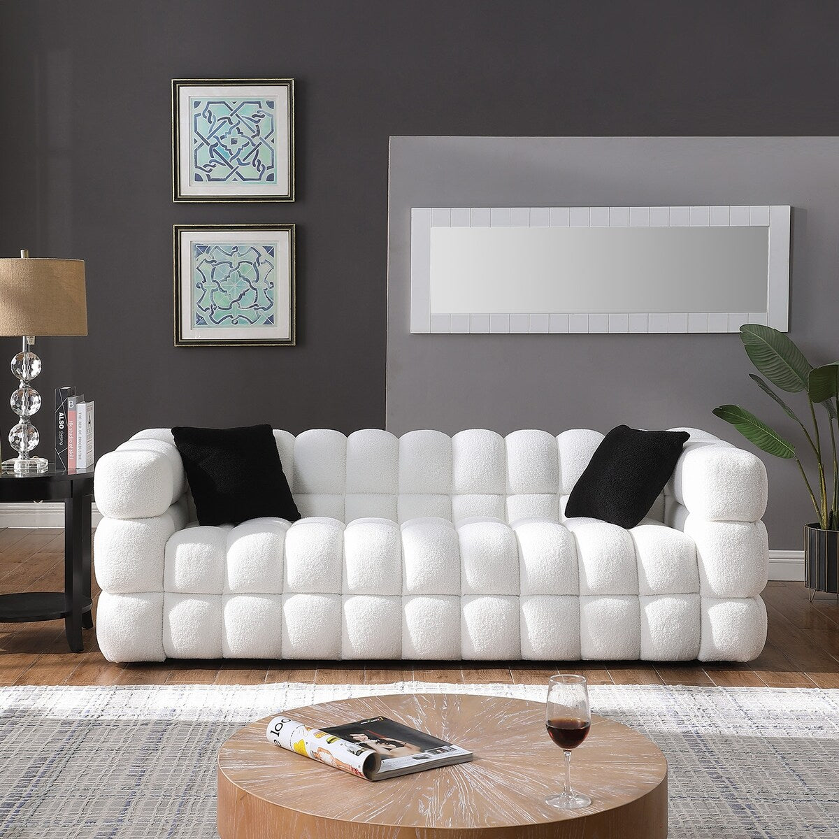 Canapé luxueux 3 places en tissu boucle de 84,3 pouces, rembourré en guimauve, avec 2 coussins décoratifs carrés et accoudoirs carrés