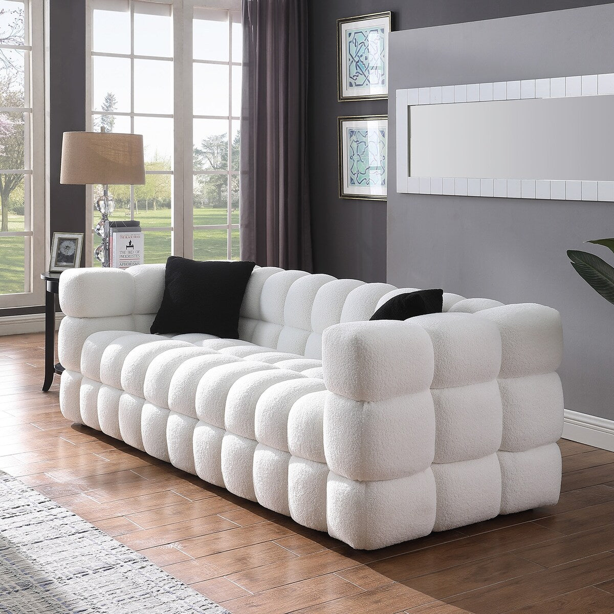 Canapé luxueux 3 places en tissu boucle de 84,3 pouces, rembourré en guimauve, avec 2 coussins décoratifs carrés et accoudoirs carrés