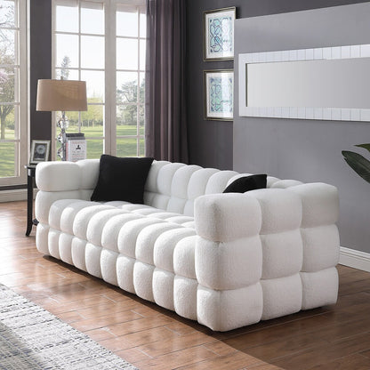 Canapé luxueux 3 places en tissu boucle de 84,3 pouces, rembourré en guimauve, avec 2 coussins décoratifs carrés et accoudoirs carrés