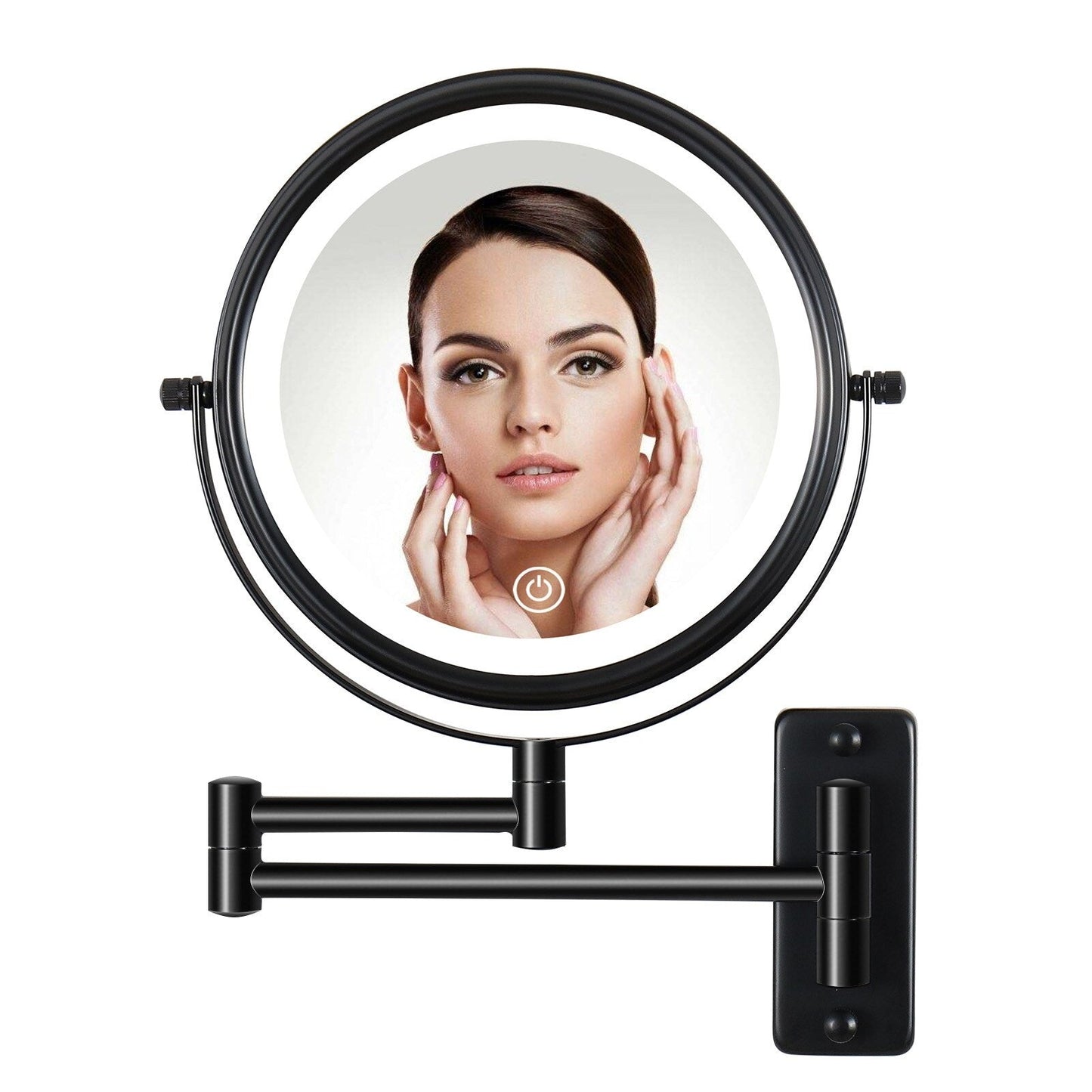 Miroir de maquillage mural rond de 8 pouces, rechargeable, grossissement 1x/10x, 3 lumières colorées