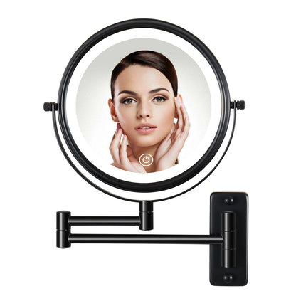 Miroir de maquillage mural rond de 8 pouces, rechargeable, grossissement 1x/10x, 3 lumières colorées