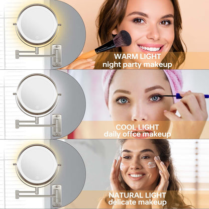 Miroir de maquillage mural rond de 8 pouces, rechargeable, grossissement 1x/10x, 3 lumières colorées