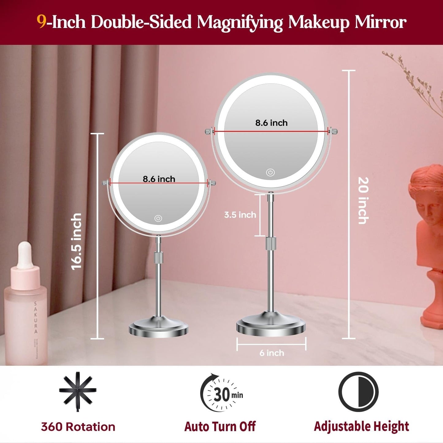 Miroir de maquillage éclairé à 9 LED, miroir grossissant double face avec grossissement 1X/10x, 3 couleurs d'éclairage