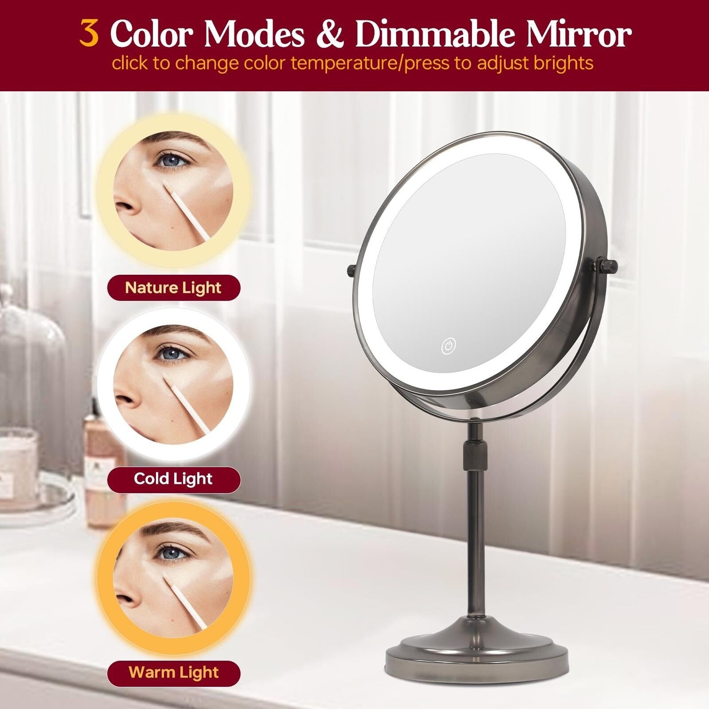 Miroir de maquillage éclairé à 9 LED, miroir grossissant double face avec grossissement 1X/10x, 3 couleurs d'éclairage
