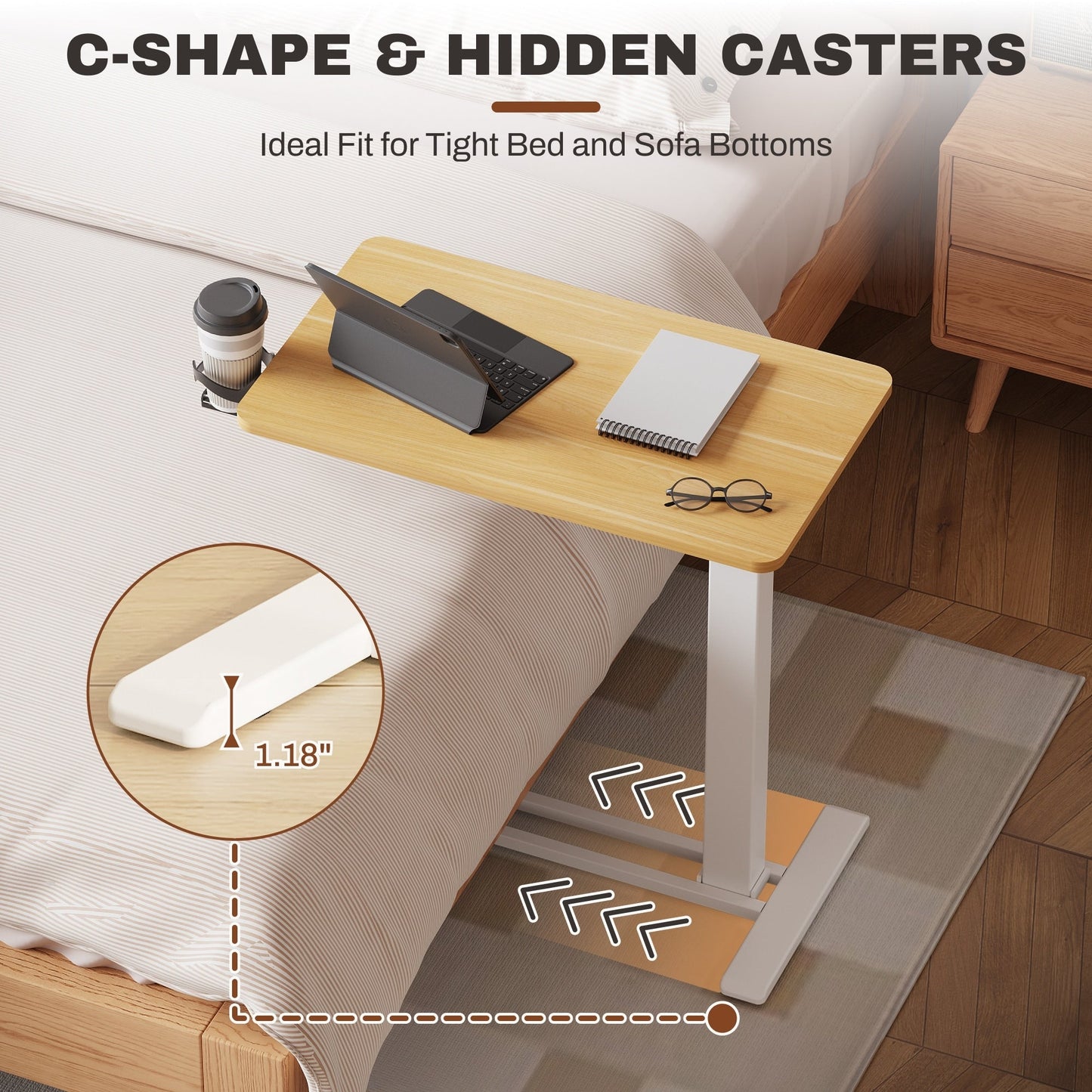 FunniHomi 28/32 Table de lit mobile à hauteur réglable avec roulettes, blanc/noir, pour ordinateur portable, pour lit et canapé