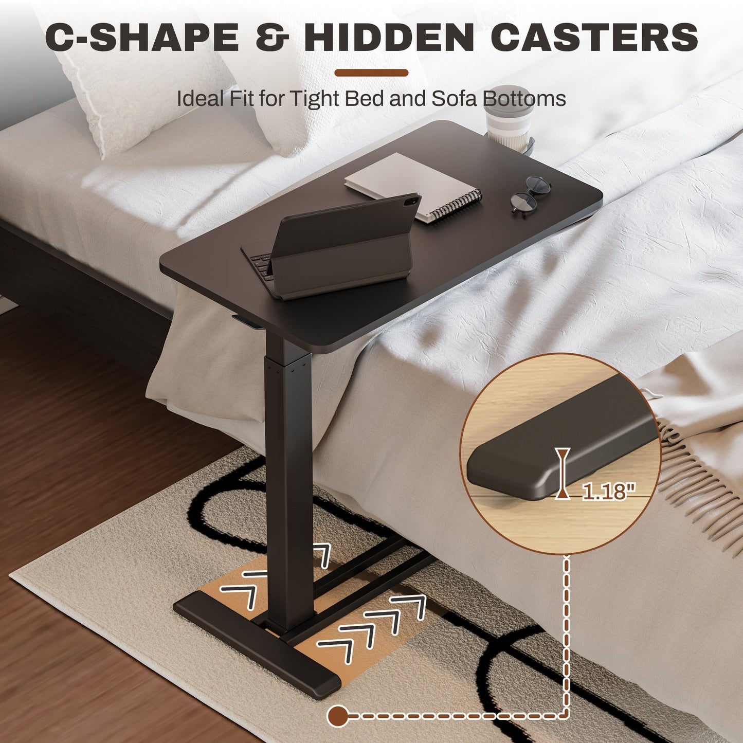 FunniHomi 28/32 Table de lit mobile à hauteur réglable avec roulettes, blanc/noir, pour ordinateur portable, pour lit et canapé