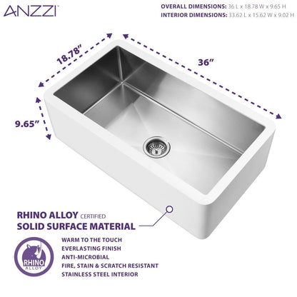 Évier de cuisine simple ANZZI Apollo blanc mat en surface solide de style ferme, 36 po, avec intérieur en acier inoxydable