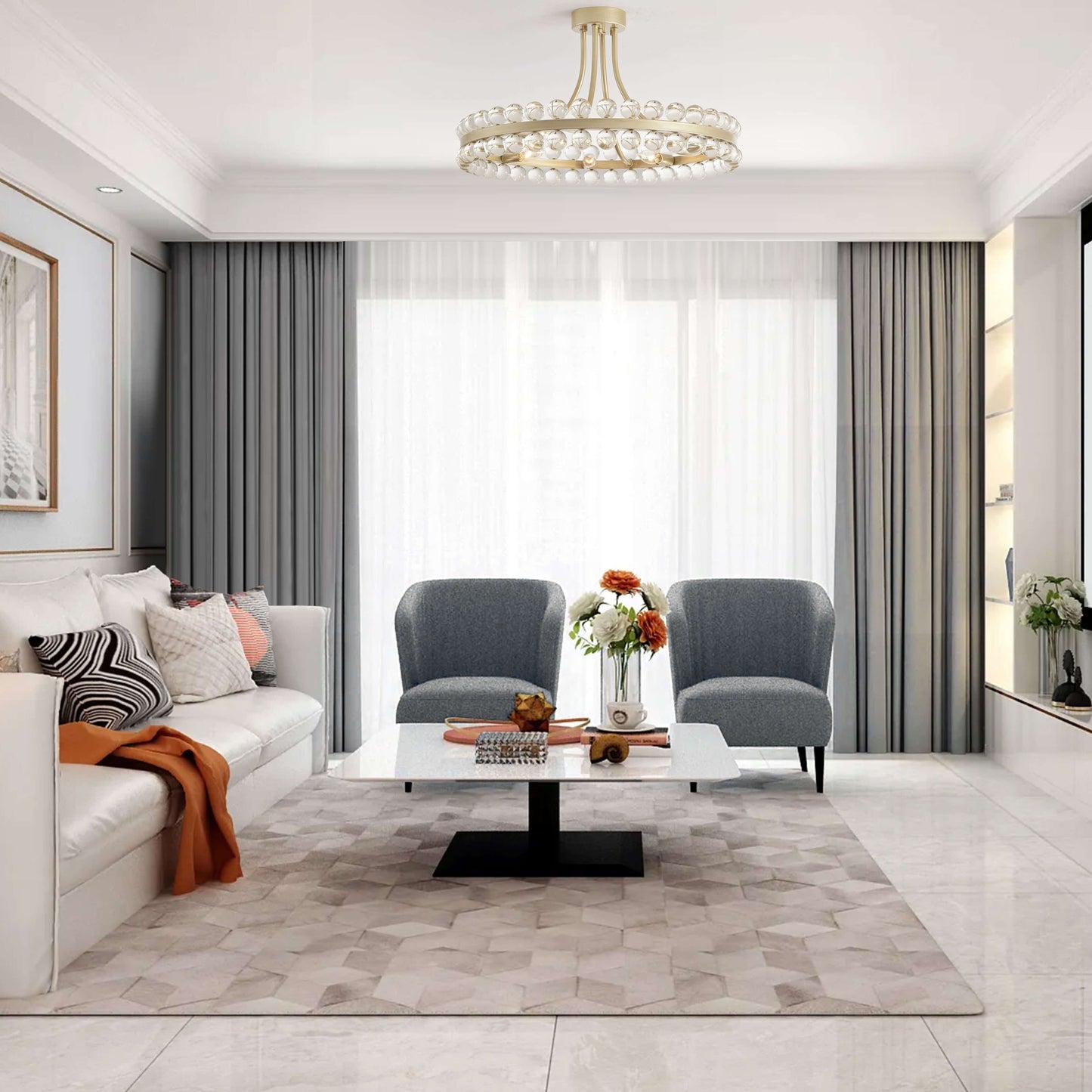 Plafonnier semi-encastré Elvira à 8 lumières en cristal, forme roue de chariot